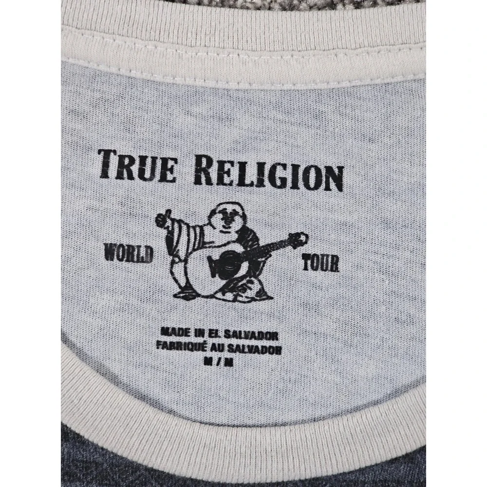 True Religion T-Shirt Mens Medium Grey Yellow Gradient Logo Print Short Sleeve
